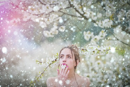 christmas new year snow concept beautiful young woman enjoying smell in a flowering spring gardenの写真素材