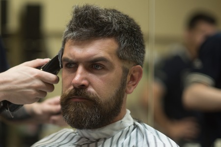 Fashion and beauty, innovation. Barber and hairdresser. Haircut of bearded man, archaism. Man cut long beard and mustache with trimmer razor. Hipster with serious face in barbershop, new technology.の写真素材