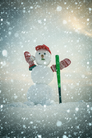 christmas and new year snow concept Winter activity, sport and fighting. New year snowman from snow in cap and mittens. Snowman with baseball bat. Happy holiday and celebration. Christmas or xmasの写真素材