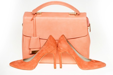 High heels and bag isolated on white background. Shoes and handbag of coral color, leather material. Fashion, style, accessory conceptの写真素材