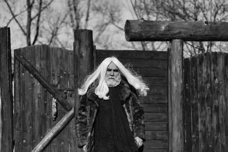 Druid old bearded man with long white hair and beard on serious face in fur coat sunny day outdoor on wood backgroundの写真素材