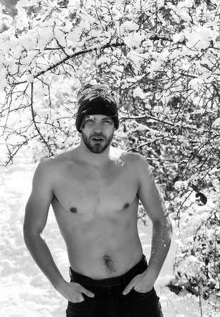 serious handsome bearded young man or sexy muscular guy with bare torso and chest on fit body in winter hat sunny outdoor in trees with snow on natural backgroundの写真素材