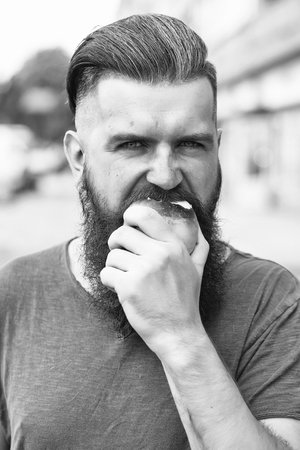 Handsome young stylish hipster man with long beard in grey shirt eating apple outdoor with brunette hairの写真素材