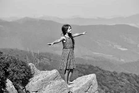 One brunette happy girl in blue lace dress standing with raised hands on stone rock cliff looking at beautiful landscape sunny day outdoor on natural blue sky background, horizontal photoの写真素材