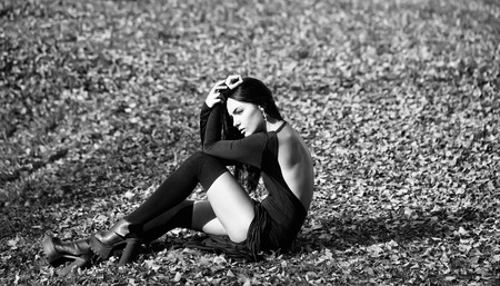 One sexual young attractive brunette woman with long hair sitting on ground with green grass and yellow autumn leaves in black dress outdoor in sun light on natural background, horizontal pictureの写真素材