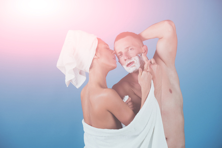 morning grooming of sexy couple. morning of woman and man trimming, couple in love.の写真素材