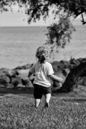 Cute baby boy with blond hair ponytail in blue tshirt and shorts runs barefoot on green grass by sea on sunny summer day on natural backgroundの写真素材