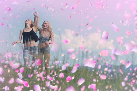 Lesbian couple. Cute lesbian couple having fun in spring day.の写真素材