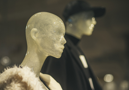 Dummy in city mall. Shopping center interior. Female and male mannequins in boutique. Fashion, style, beauty, design, trend, luxury, modern, women outfit, shopping concept. Fashion clothing store.の写真素材