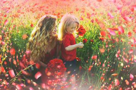 Family, spring, vacation. Family in spring flover meadow.の写真素材