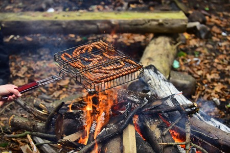 Autumn barbecue in nature - sausages fried on fire. Male hand holds grill over hot coals and fire flames.の写真素材