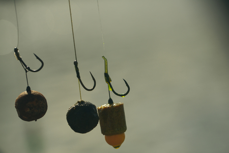 Baits, hooks, sinkers preparing for carp fishing.の写真素材