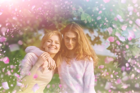 Lesbian couple. Cute lesbian couple having fun in spring day.の写真素材