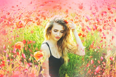 Sweet girl in spring flowers. Spring flowers in meadowの写真素材