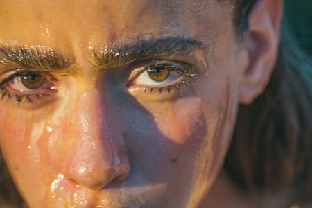 beauty cauacsian woman with a covered head and no makeupの写真素材