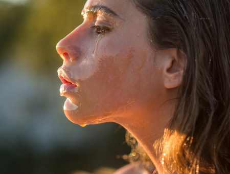 Beauty and fashion, sugaring. beauty treatment and skincare of young woman in profileの写真素材