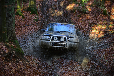 Dirty offroad car with fall forest on background on sunny autumn day. SUV covered with mud stuck in...