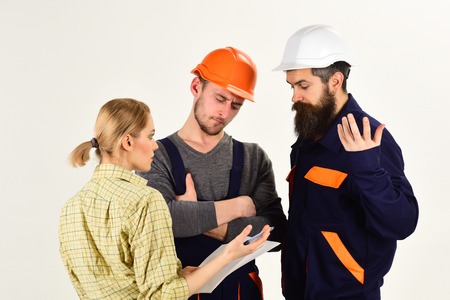 Woman amend plan of repair. Supervisor not satisfied with renovation. Brigade of workers, builders...