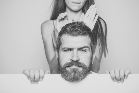 Guy or bearded man on yellow background.の写真素材
