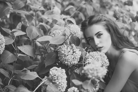 Portrait of pretty woman and blue flowersの写真素材