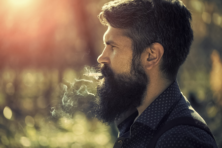 Smoking man in forestの写真素材