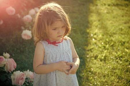 Girl standing on green grass on sunny dayの写真素材