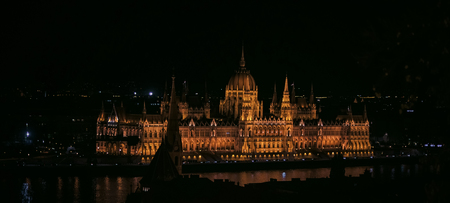 Hungarian parliament building at night in Budapest, Hungaryのeditorial素材
