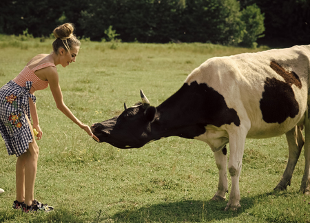Happy woman. Woman farmer, vet, dairymaid, agriculture.の写真素材