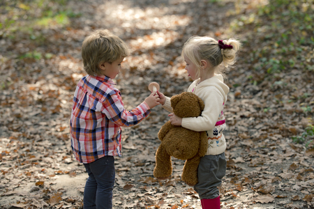 Children harvest mushrooms in autumn forest. Little boy and girl friends camping in woods. Organic and healthy food. Upbringing and early development. Childhood and child friendship.の写真素材