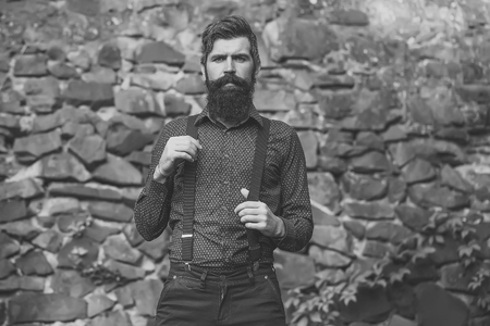 Men face skin care. Portrait Men face in your advertisnent. Stylish bearded man outdoorの写真素材