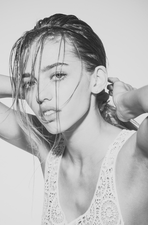 fashion beauty portrait. Woman with long wet hair, natural makeup, beauty, spaの写真素材