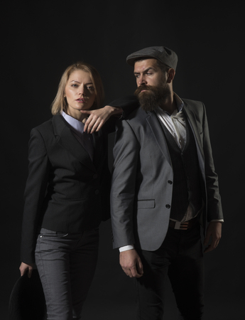 How to Solve Mystery. Crime Solving Game - Play Detective Games Online. Couple detectives investigators partners. Partnership clever intelligent reporter investigator. Couple dressed formal styleの写真素材