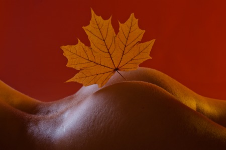 Woman shows a beautiful ass or butt. Autumn is a beautiful and colourful time of year. Autumn happy people and joyHello november. Advertisement silicone implants. Autumnal foliage.の写真素材