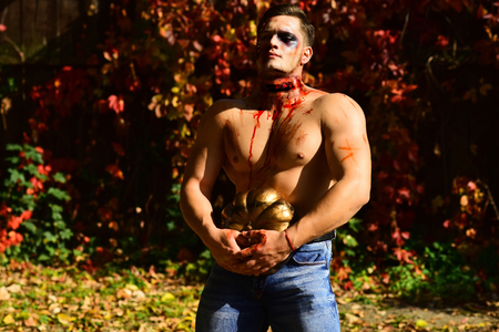 Halloween holiday concept. 31 october. Halloween party and funny Pumpkin. Halloween decoration and scary concept for daddy. Halloween party for happy family.の写真素材