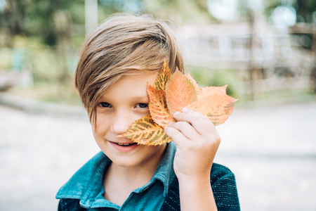 Autumn child boy with autumnal mood. Boy on a breeze in an autumn village. Advertisement concept.の写真素材
