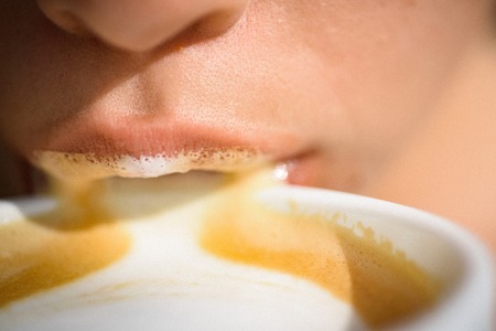americano or espresso latte of girl. Starting day with good news. woman drink coffee from cup....