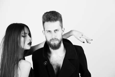 sexy couple, bearded man, girl with long hair, black lipsの写真素材