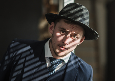 Retro man. Man in suit. Mafia. Making money. Money transaction. Businessman work in accountant...