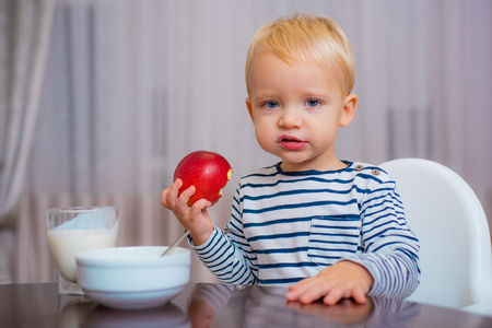 Boy cute baby eating breakfast. Baby nutrition. Eat healthy. Toddler having snack. Healthy nutrition. Vitamin concept. Child eat apple. Kid cute boy sit at table with plate and food. Healthy foodの写真素材
