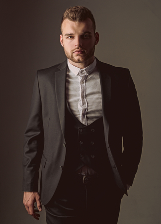 tuxedo man. Modern man suit fashion. Man in classic suit shirt. Business confident. Portrait of handsome serious male model. Ambition and individuality, success. Businessman in work. formal meetingの写真素材