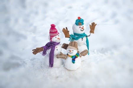Cute snowmen standing in winter Christmas landscape. Happy winter snowman family. Mother snow-woman, father snow-man and kid wishes merry Christmas and Happy New Year.の写真素材