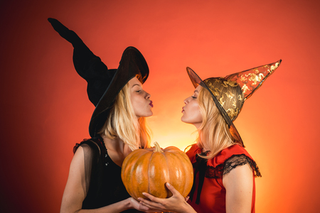 Two emotional young women in halloween costumes on party over orange background with pumpkin. Two beautiful women in carnival sexy costumes of witches. Isolated image. Halloween copy space.の写真素材