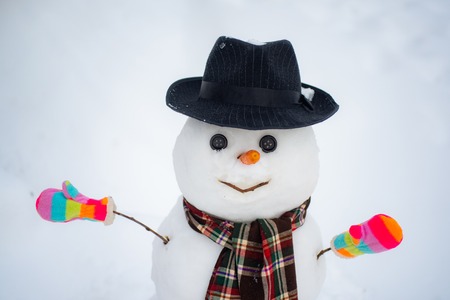 Snowman the friend is standing in winter hat and scarf with red nose. Cute little snowman outdoor. Snowman isolated on snow background.の写真素材