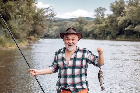 Fly fishing is most renowned as a method for catching trout and salmon. Senior Man fisherman catches a fish.の写真素材