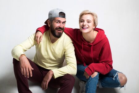 Forever young. Couple hang out together. Carefree people. Youth just want to have fun. Freedom feeling. Youth fashion. Feeling free and stylish. Man and woman wear modern clothes for youth generationの写真素材