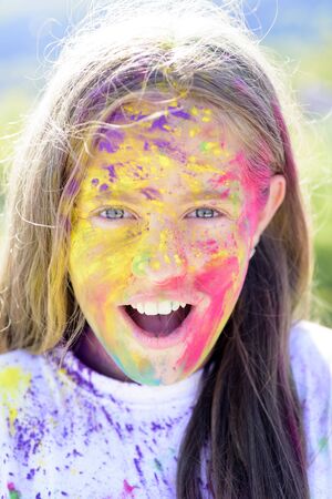 positive and cheerful. colorful neon paint makeup. Happy youth party. Optimist. Spring vibes. Crazy...