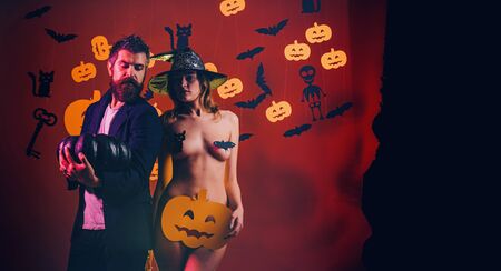 Halloween couple design. Romantic couple in Halloween holiday. Happy halloween couple. Best ideas for Halloween. Spooky costumes of party people.の写真素材