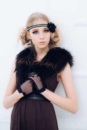Fashion portrait of woman. Vintage girl with fashionable hair. Retro woman maintaining fashion blog....