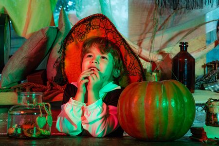 Little boy Witch Ready for Trick or Treat. Funny child dressed witch costume. Happy Halloween....