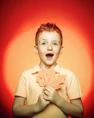 Excited Redhead boy for your advertising. Happy kid boy of 6 or 5 years having fun. Cute boy. Family childhood lifestyle concept. Ready for text. Branding logo. Happy cute clever boy.の写真素材